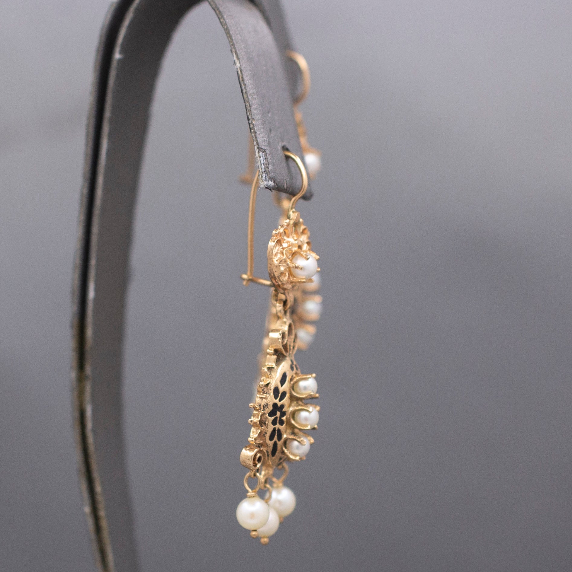 Victorian Revival Pearl and Black Enamel Tiered Drop Dangle Earrings in 14k Yellow Gold