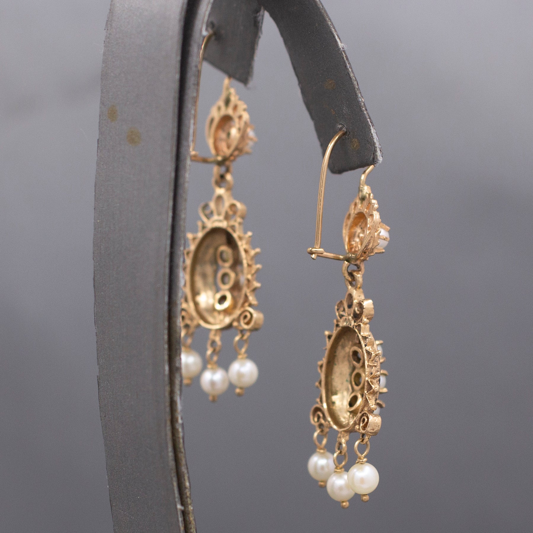Victorian Revival Pearl and Black Enamel Tiered Drop Dangle Earrings in 14k Yellow Gold