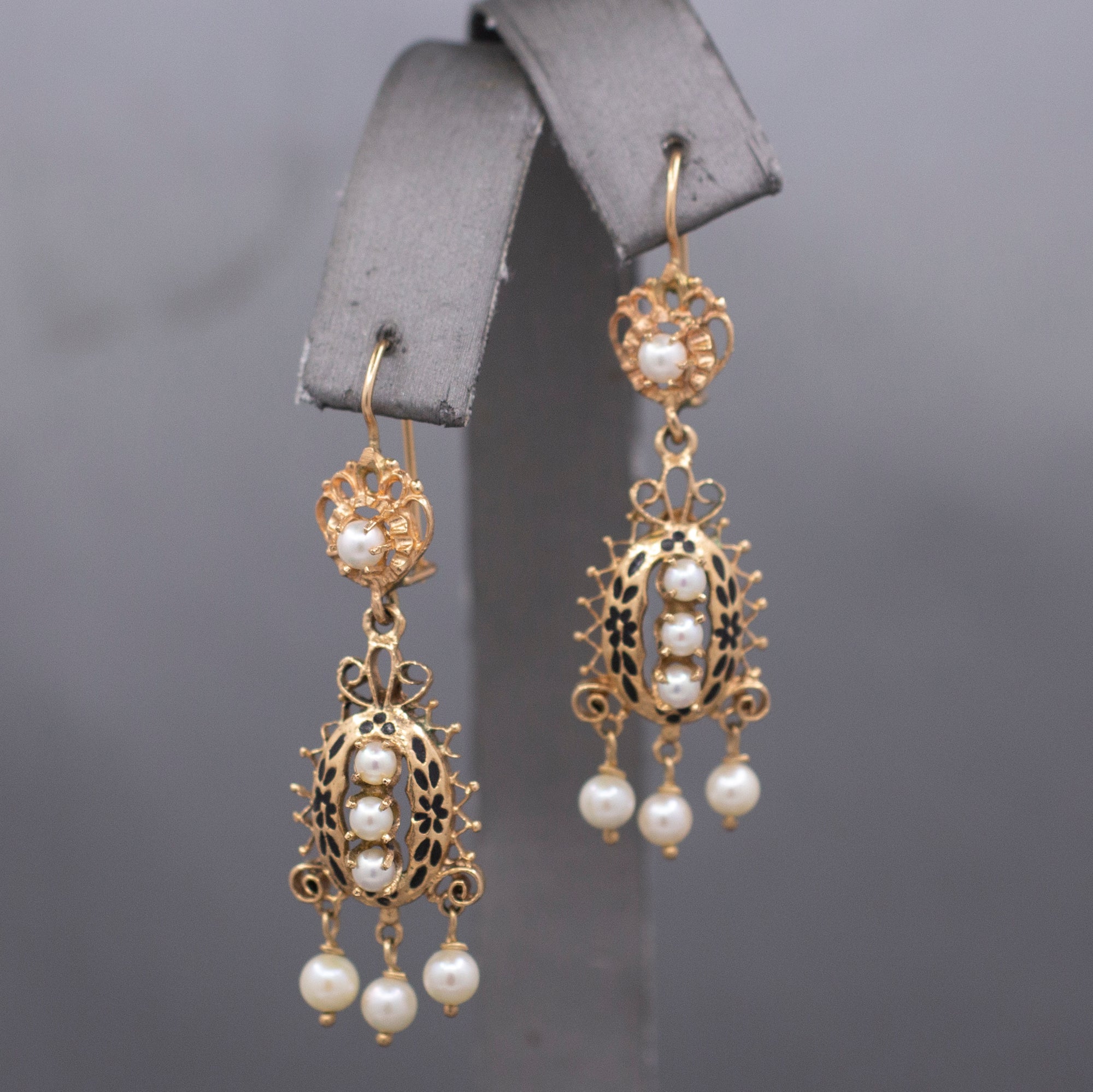 Victorian Revival Pearl and Black Enamel Tiered Drop Dangle Earrings in 14k Yellow Gold