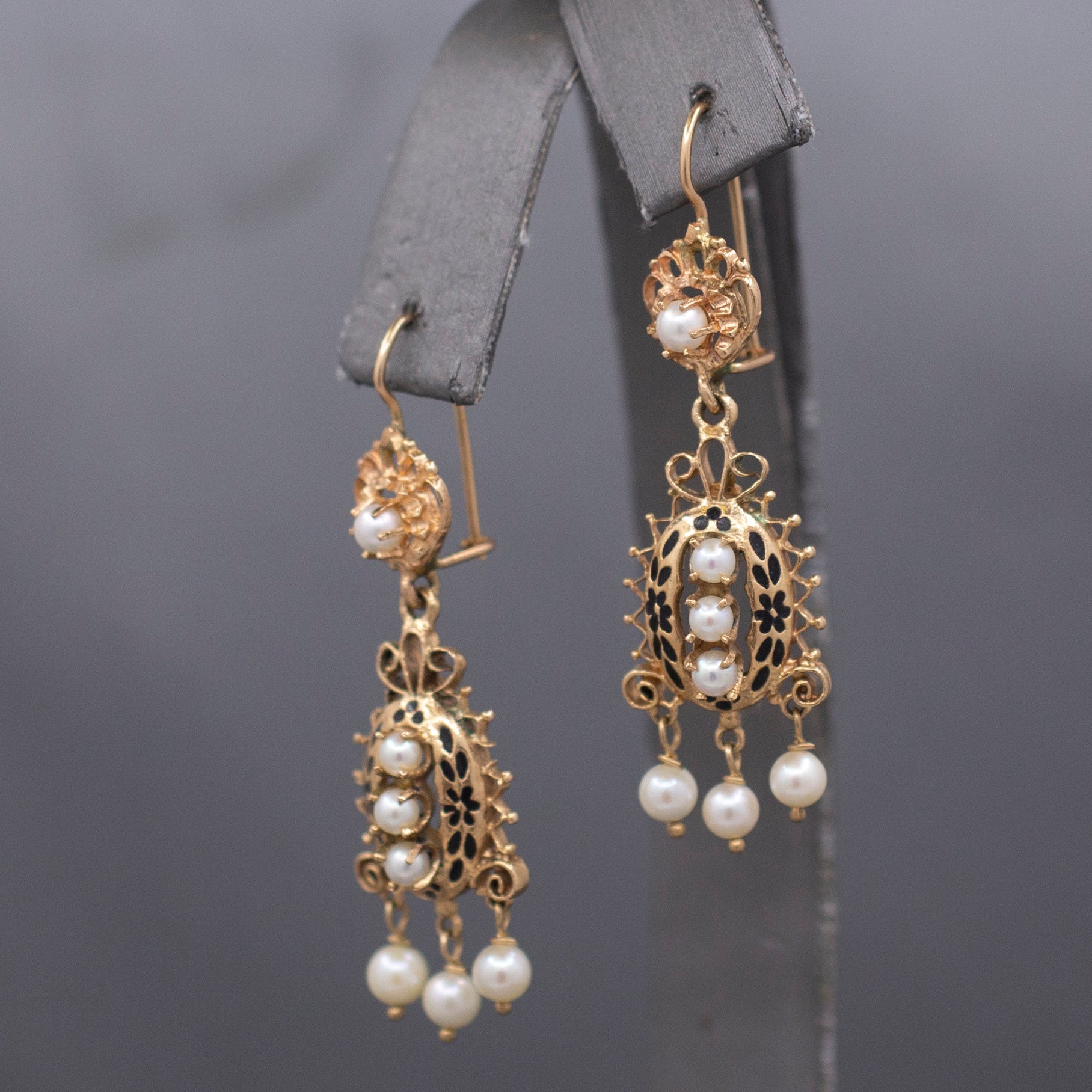 Victorian Revival Pearl and Black Enamel Tiered Drop Dangle Earrings in 14k Yellow Gold