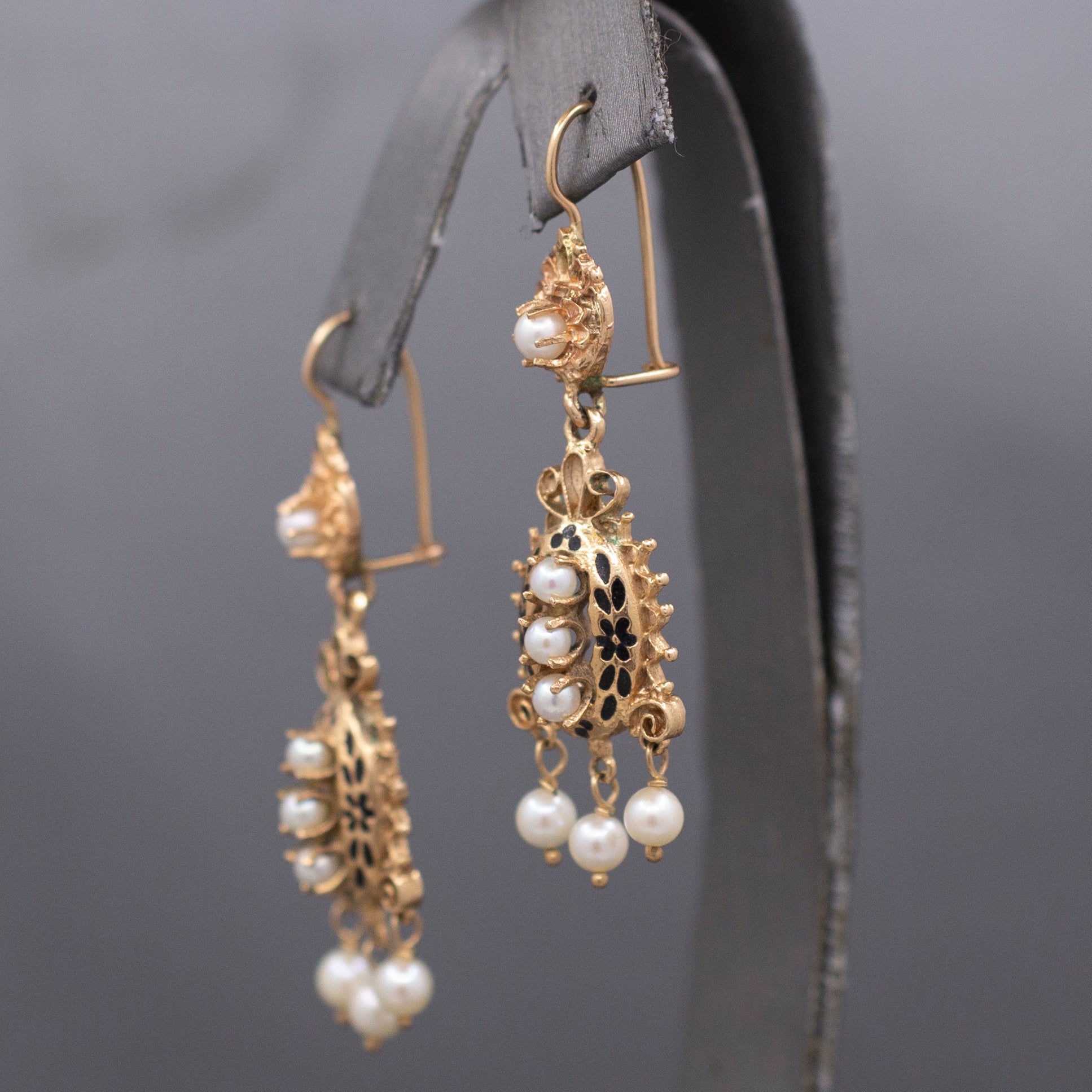 Victorian Revival Pearl and Black Enamel Tiered Drop Dangle Earrings in 14k Yellow Gold