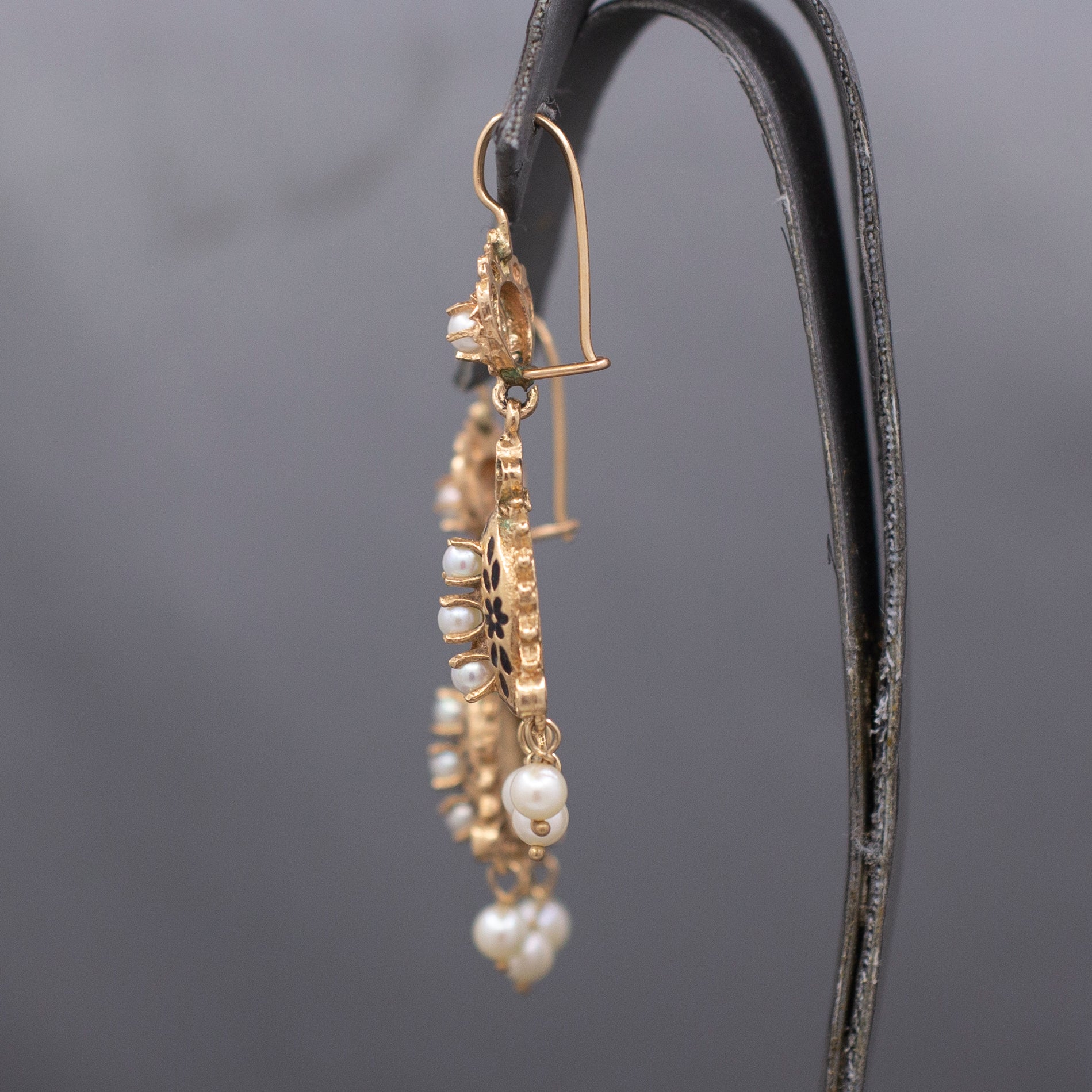 Victorian Revival Pearl and Black Enamel Tiered Drop Dangle Earrings in 14k Yellow Gold