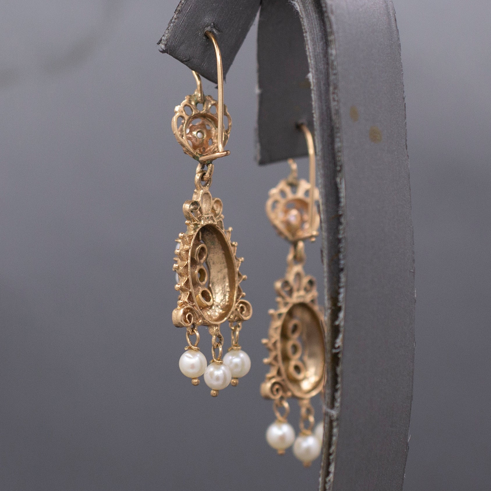 Victorian Revival Pearl and Black Enamel Tiered Drop Dangle Earrings in 14k Yellow Gold