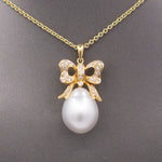 Vintage Diamond Ribbon Bow South Sea Pearl Necklace in 18k Yellow Gold
