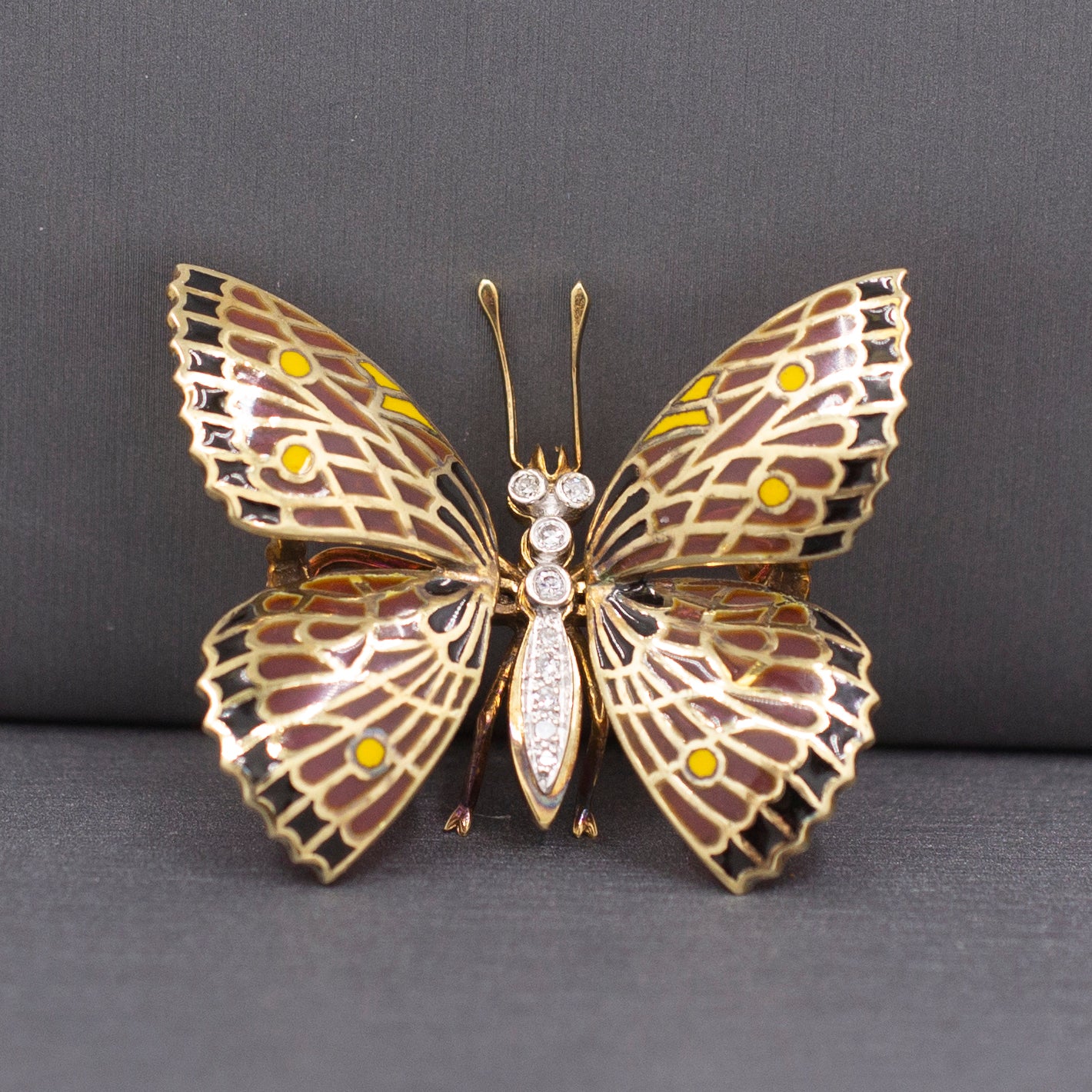Exquisite Vintage Plique a Jour and Diamond Butterfly Brooch Pin in 14k Yellow Gold