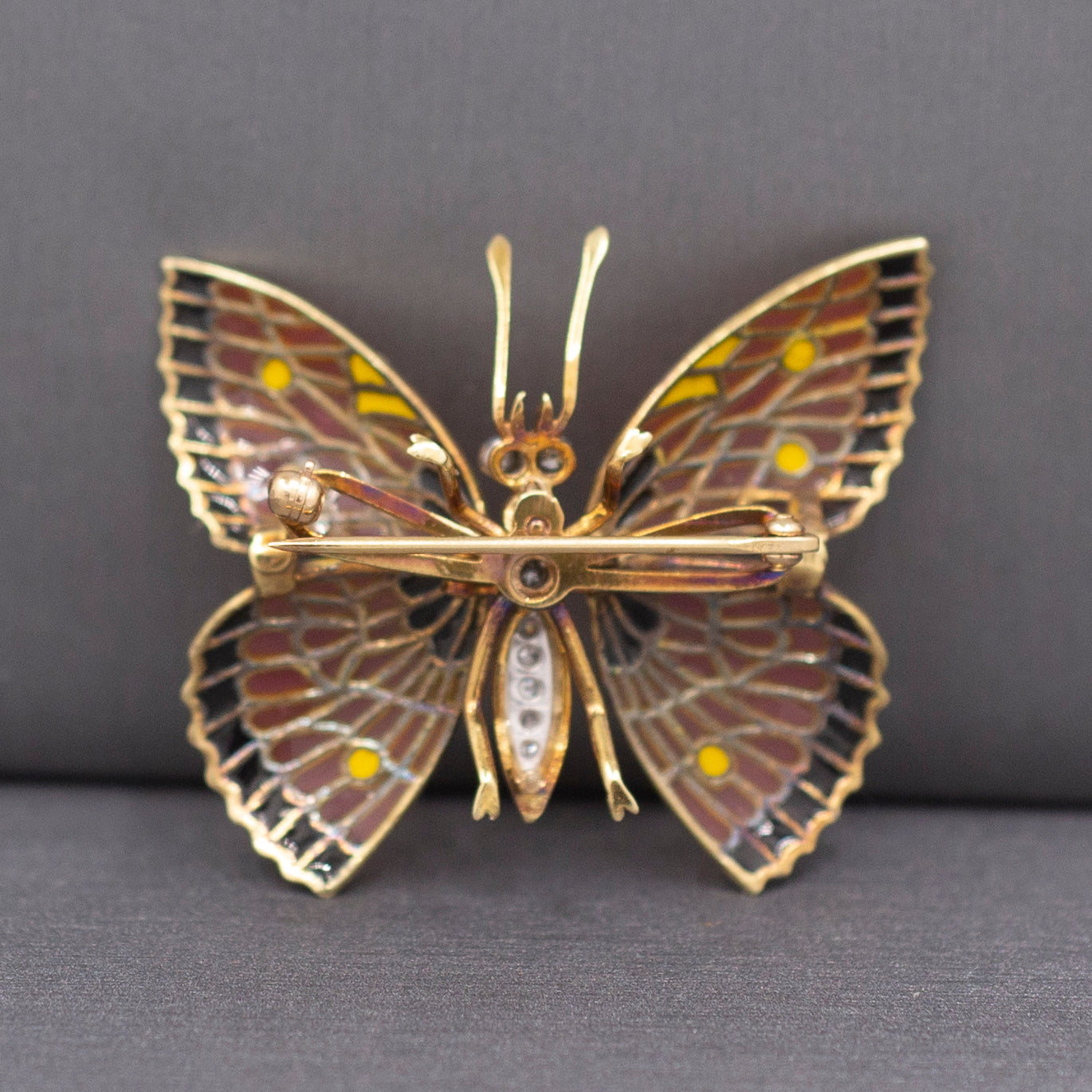 Exquisite Vintage Plique a Jour and Diamond Butterfly Brooch Pin in 14k Yellow Gold