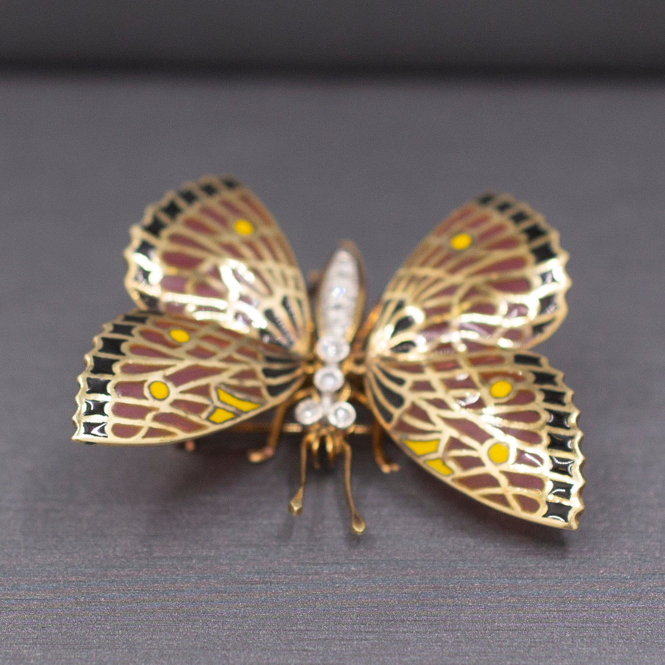Exquisite Vintage Plique a Jour and Diamond Butterfly Brooch Pin in 14k Yellow Gold
