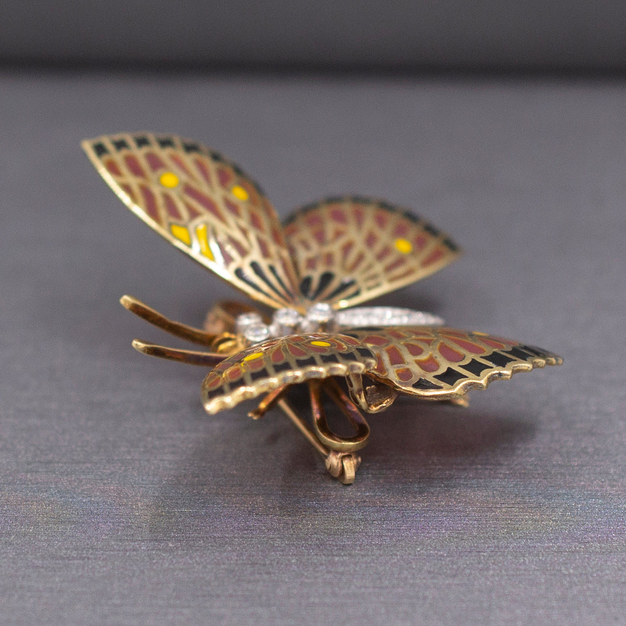 Exquisite Vintage Plique a Jour and Diamond Butterfly Brooch Pin in 14k Yellow Gold