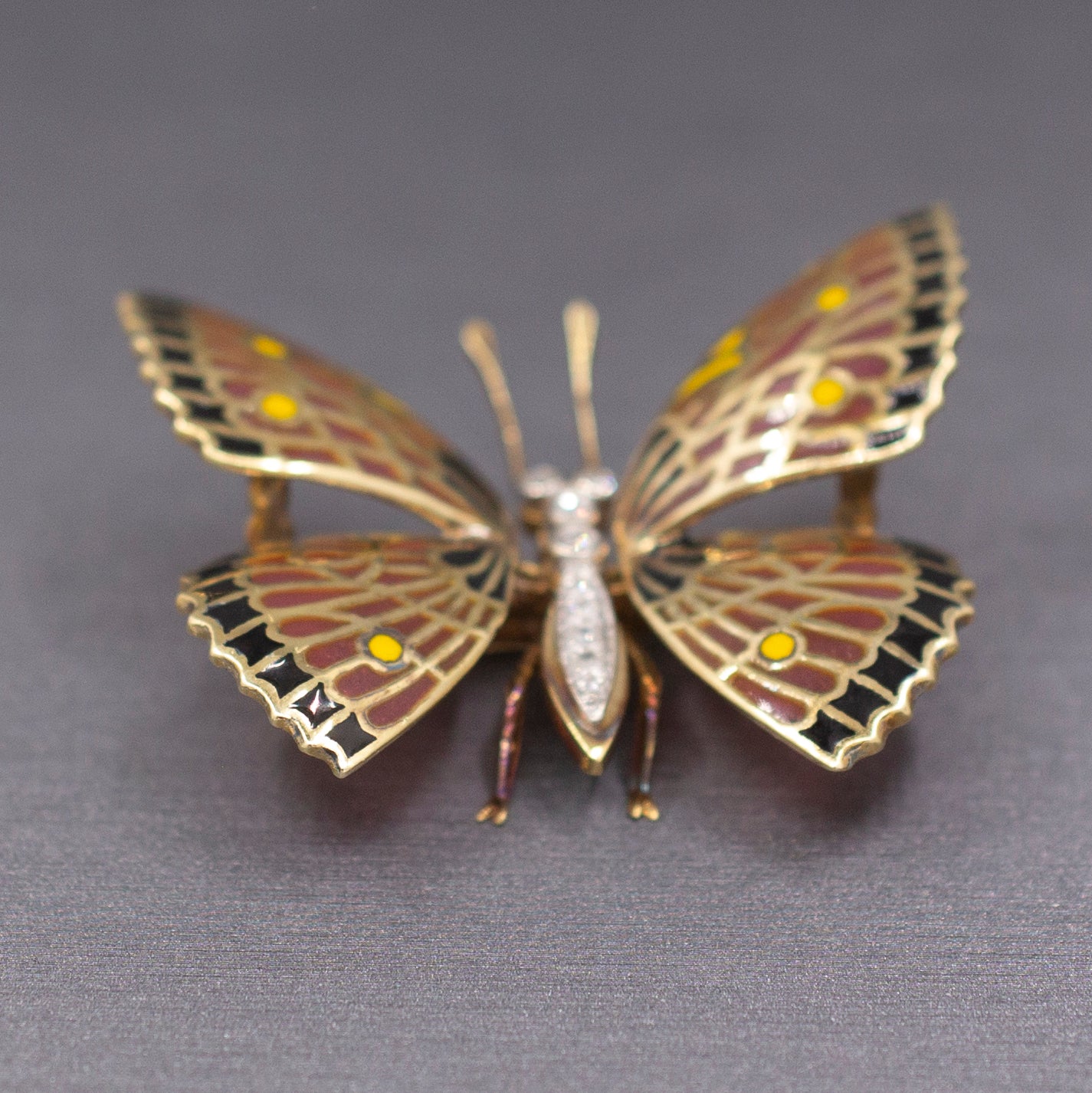 Exquisite Vintage Plique a Jour and Diamond Butterfly Brooch Pin in 14k Yellow Gold