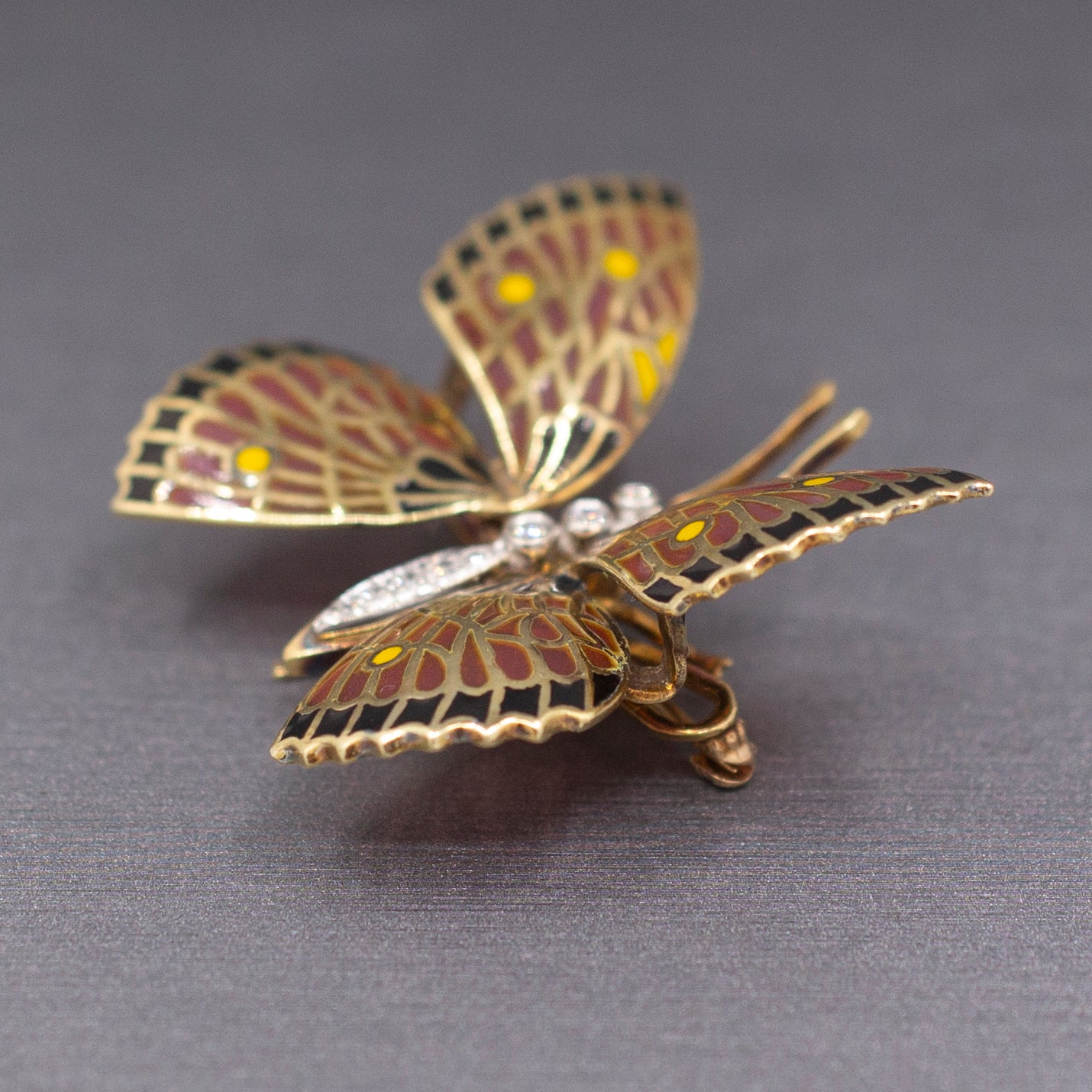 Exquisite Vintage Plique a Jour and Diamond Butterfly Brooch Pin in 14k Yellow Gold