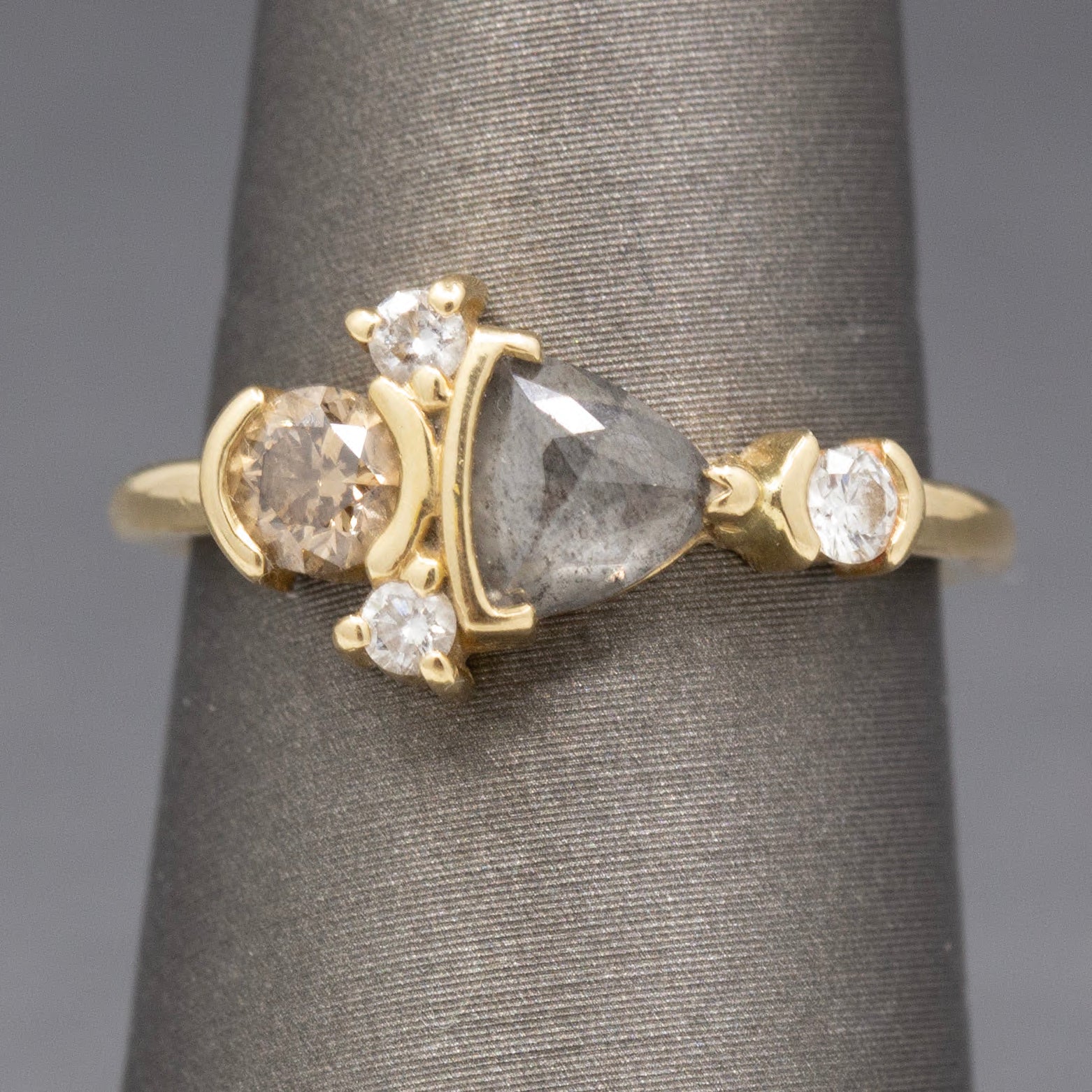Rose Cut Salt and Pepper Champagne and White Diamond Ring in 14k Yellow Gold