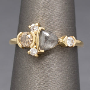 Rose Cut Salt and Pepper Champagne and White Diamond Ring in 14k Yellow Gold