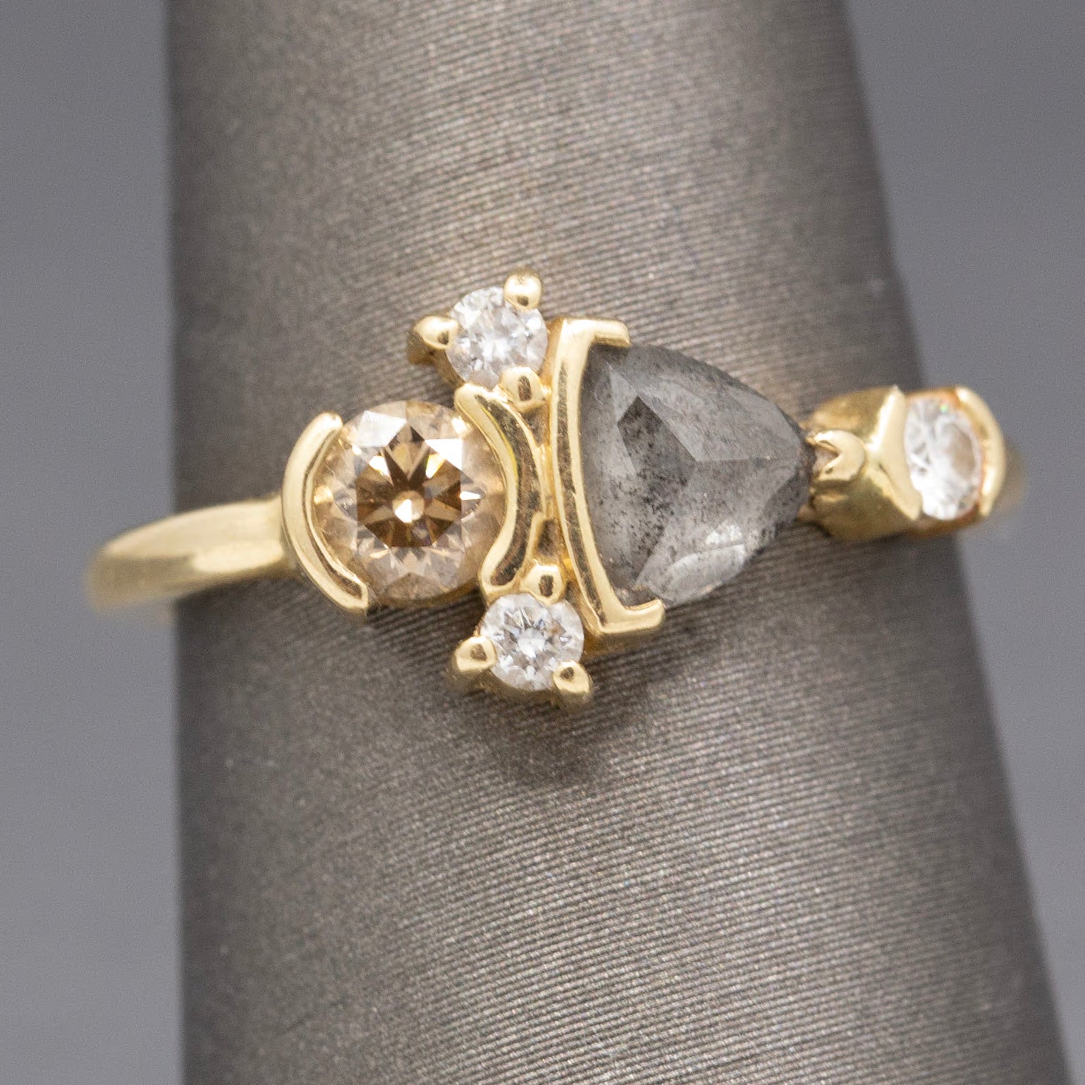 Rose Cut Salt and Pepper Champagne and White Diamond Ring in 14k Yellow Gold