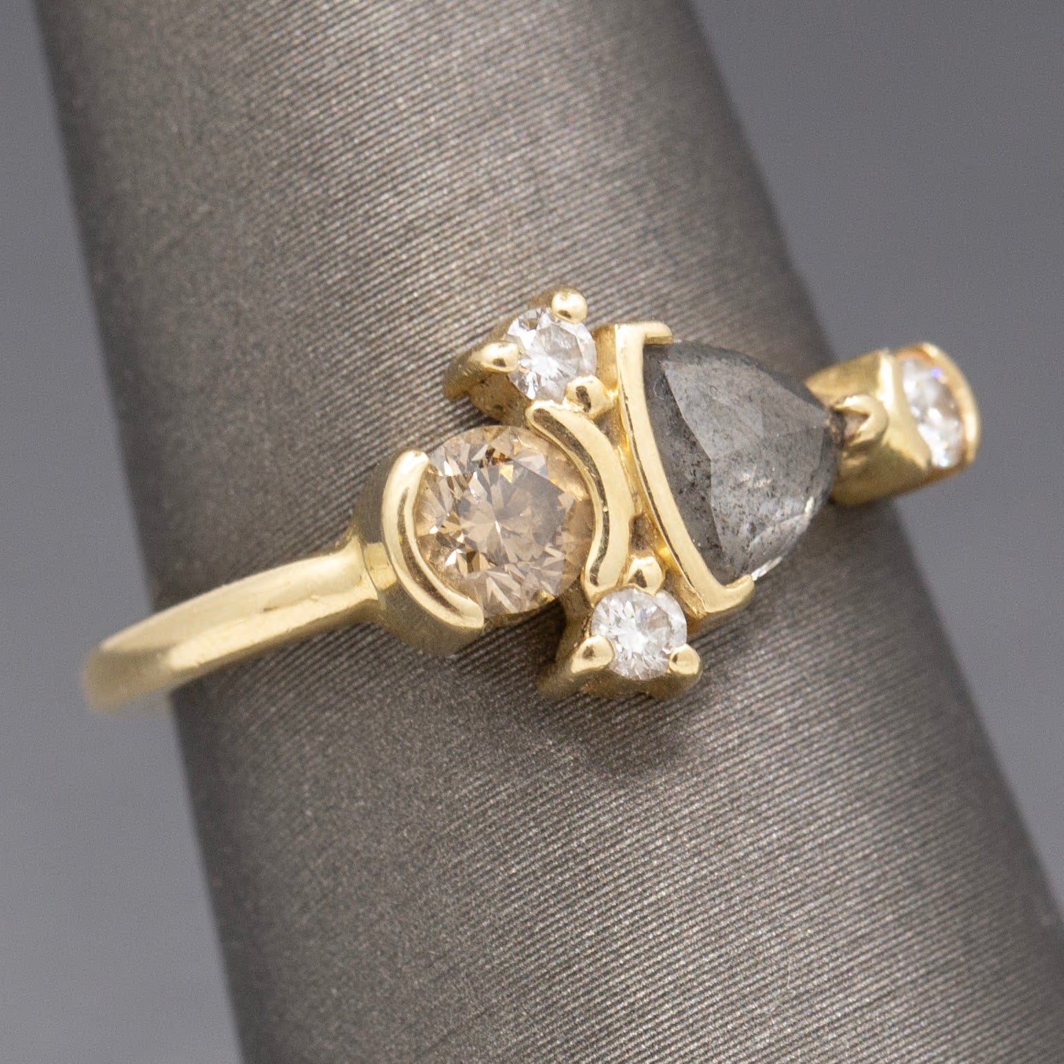 Rose Cut Salt and Pepper Champagne and White Diamond Ring in 14k Yellow Gold