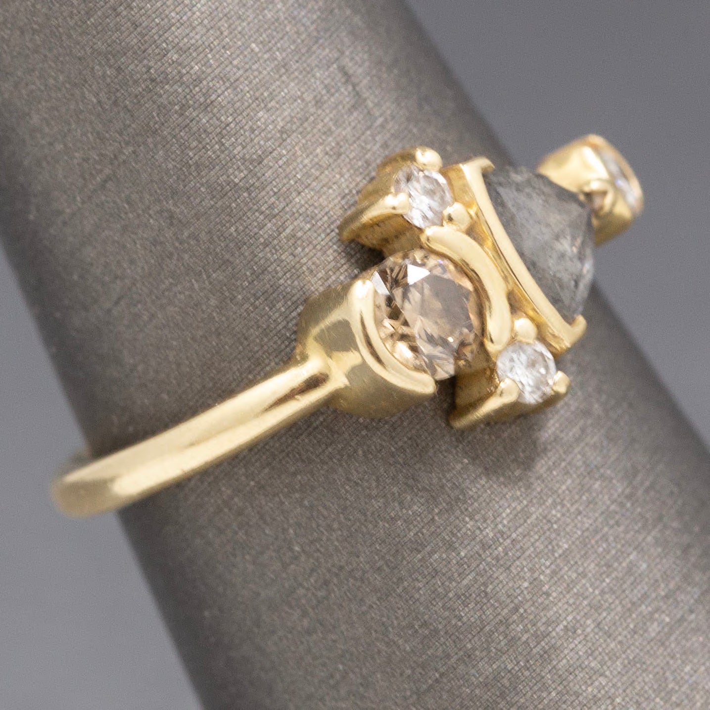 Rose Cut Salt and Pepper Champagne and White Diamond Ring in 14k Yellow Gold