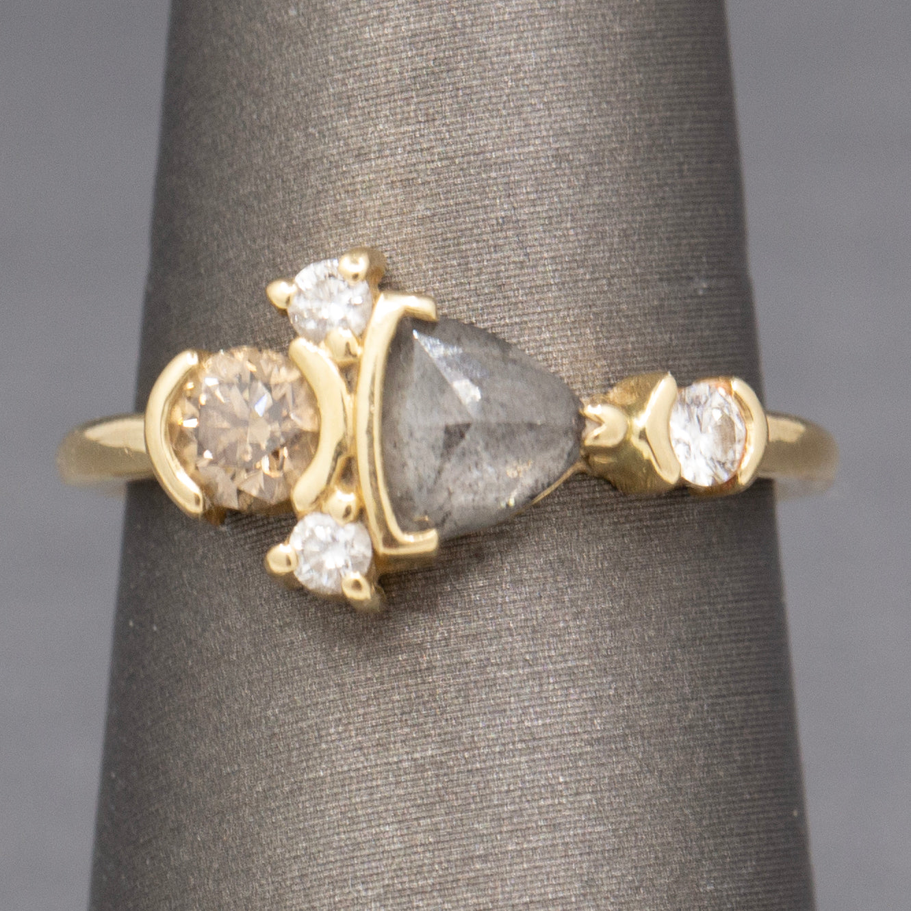 Rose Cut Salt and Pepper Champagne and White Diamond Ring in 14k Yellow Gold