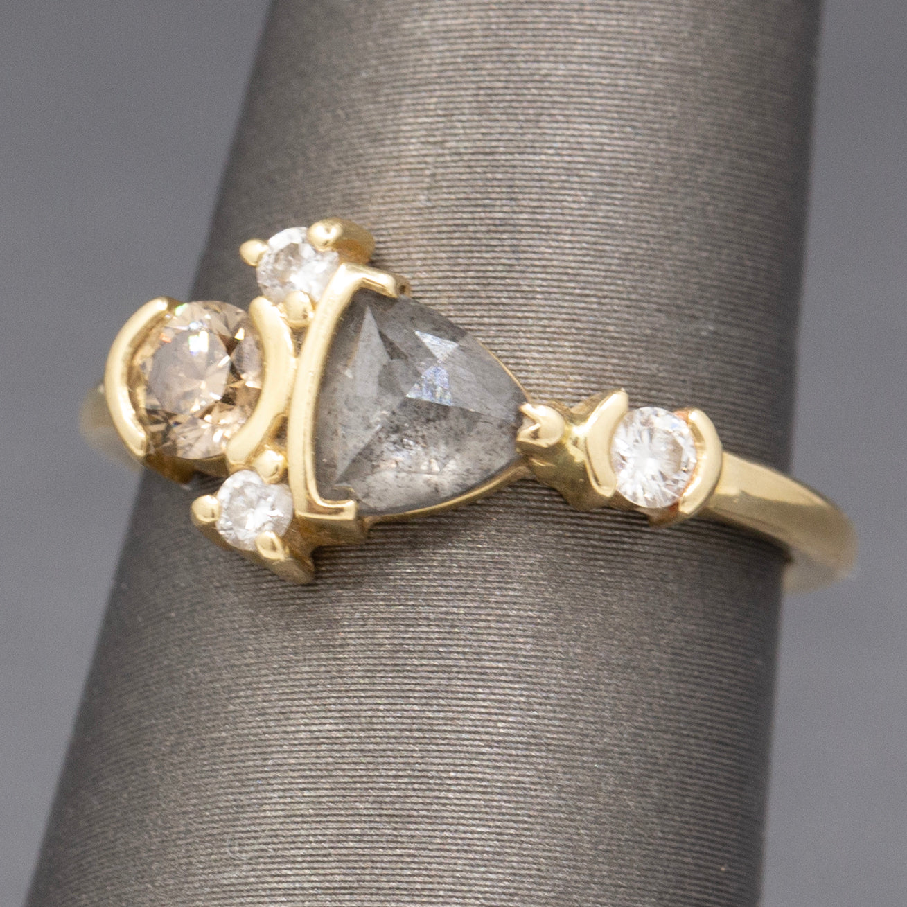 Rose Cut Salt and Pepper Champagne and White Diamond Ring in 14k Yellow Gold