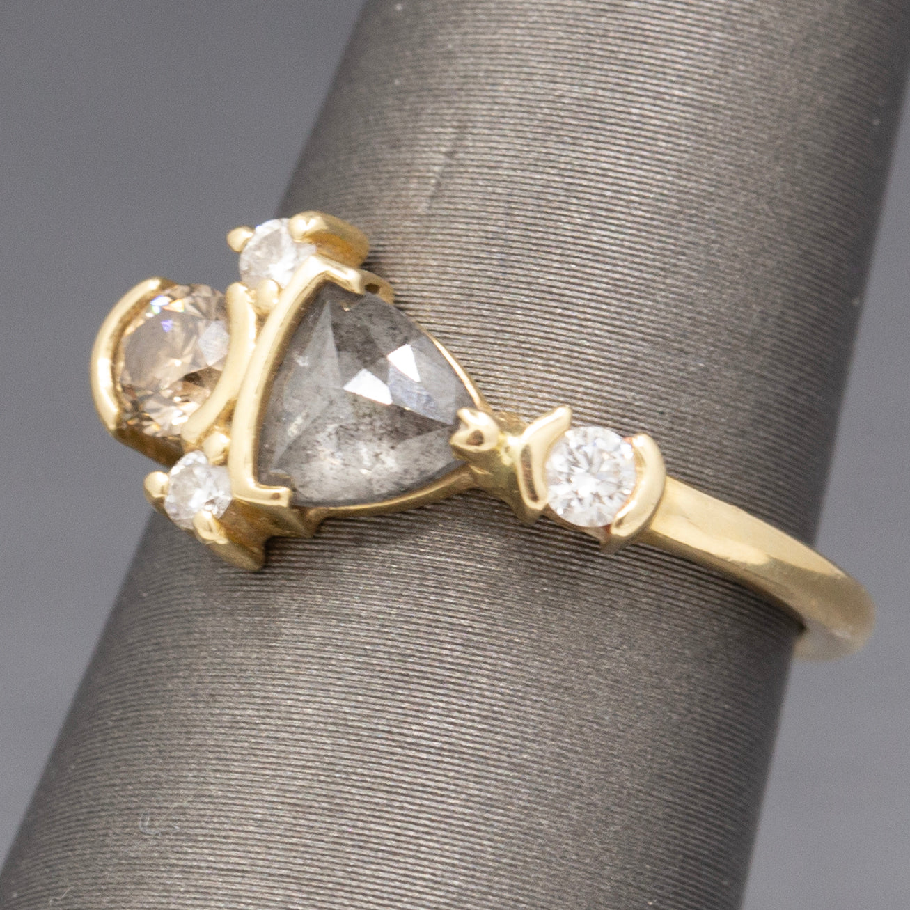 Rose Cut Salt and Pepper Champagne and White Diamond Ring in 14k Yellow Gold