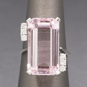 Sparkling Natural Kunzite and Diamond Statement Ring in 14k White Gold