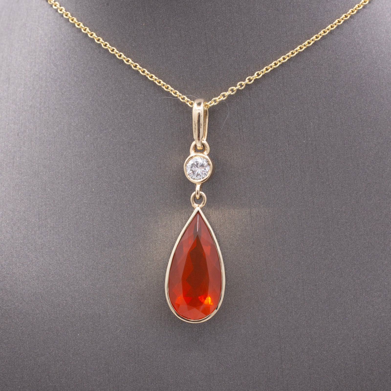 Gorgeous Glowing Mexican Fire Opal and Diamond Pendant Necklace in 14k Yellow Gold