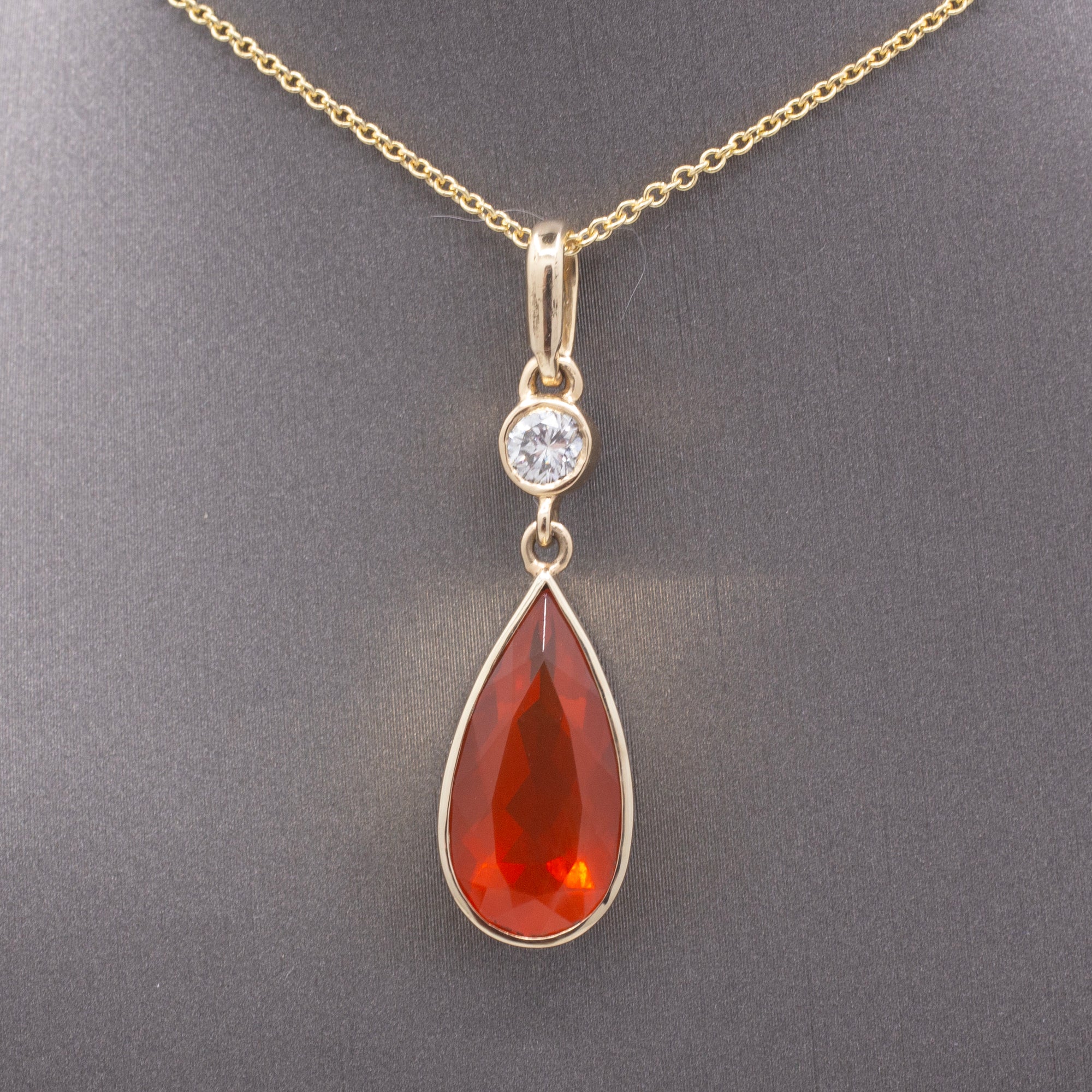Gorgeous Glowing Mexican Fire Opal and Diamond Pendant Necklace in 14k Yellow Gold