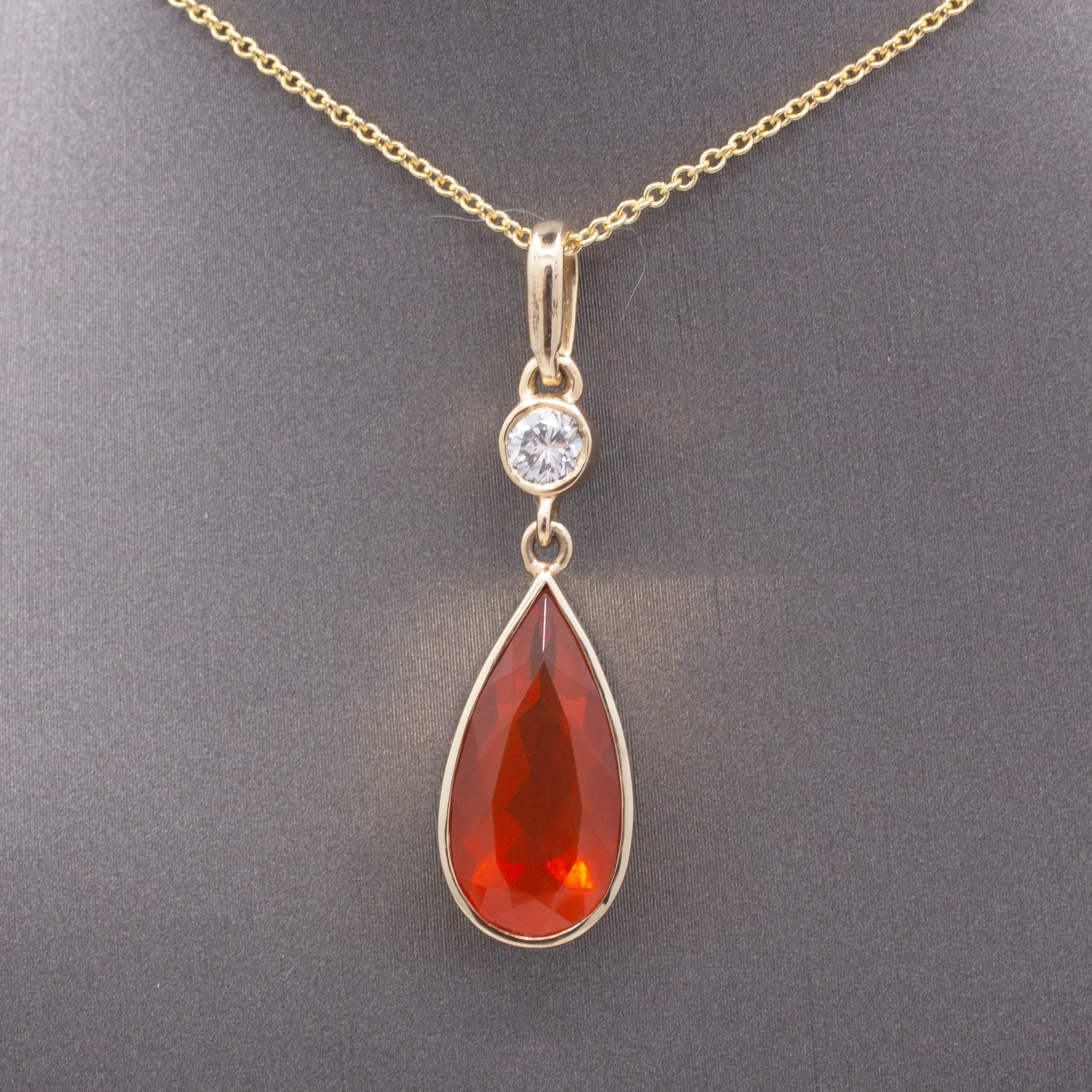 Gorgeous Glowing Mexican Fire Opal and Diamond Pendant Necklace in 14k Yellow Gold