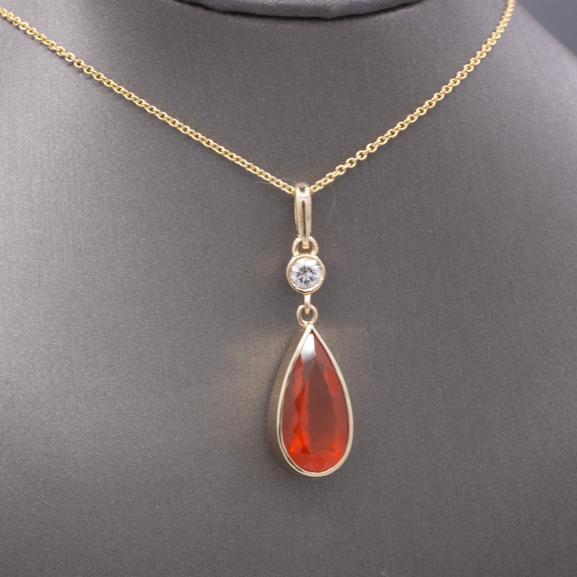 Gorgeous Glowing Mexican Fire Opal and Diamond Pendant Necklace in 14k Yellow Gold