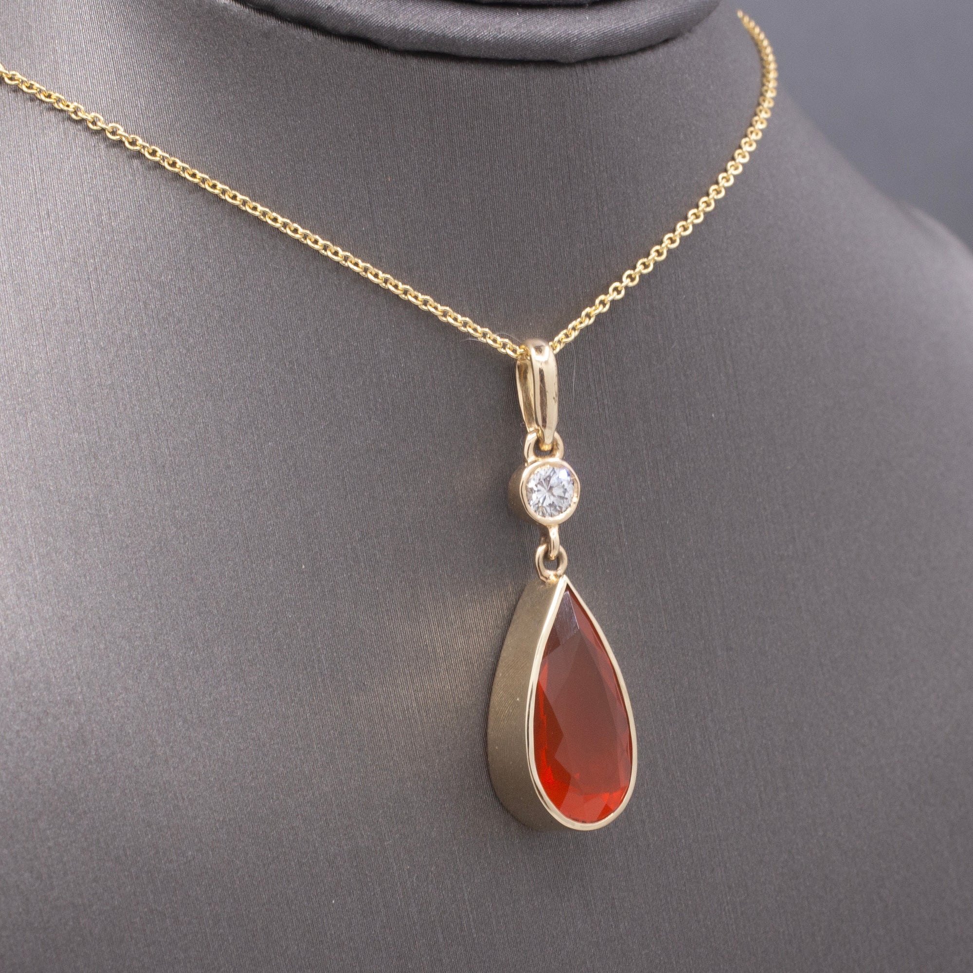 Gorgeous Glowing Mexican Fire Opal and Diamond Pendant Necklace in 14k Yellow Gold