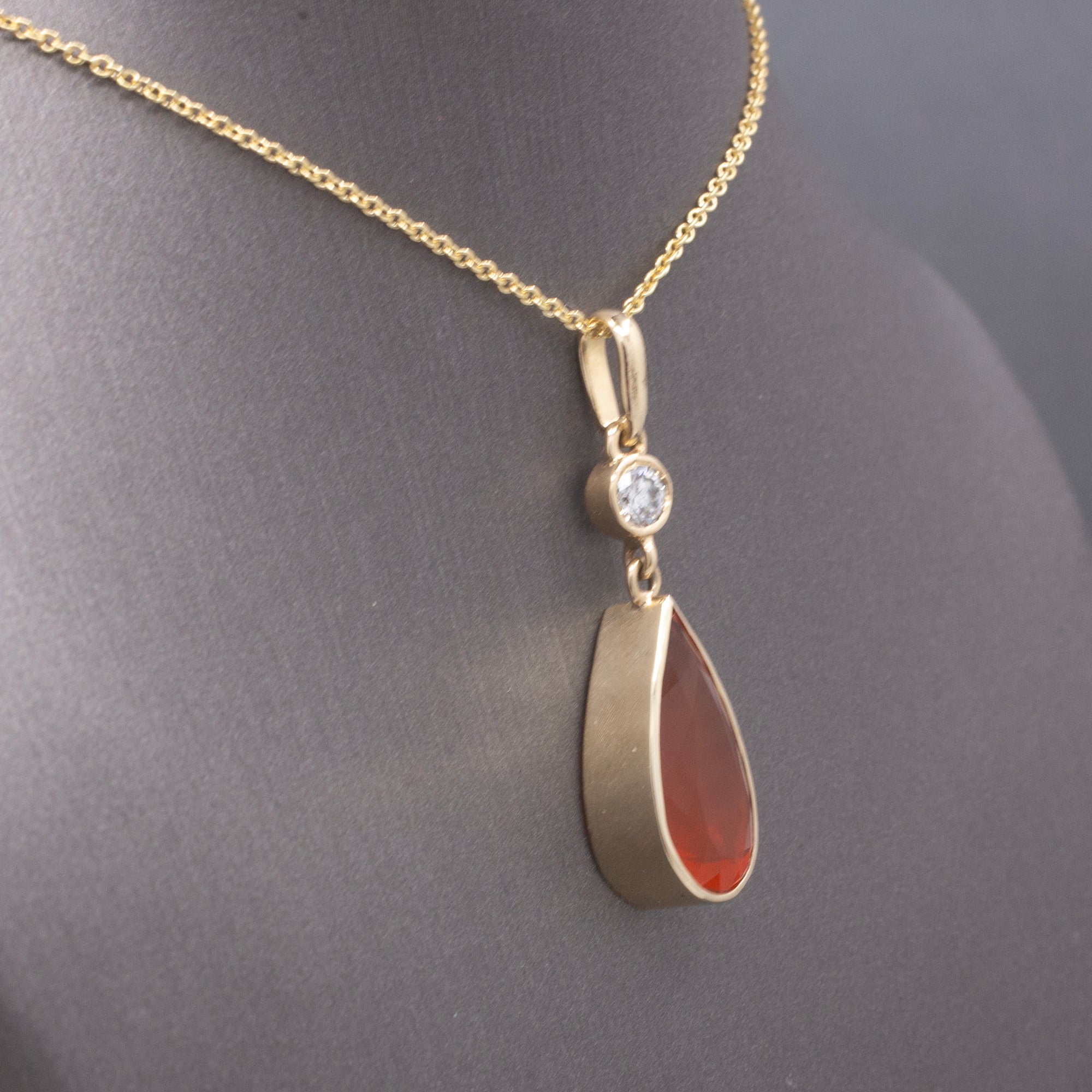 Gorgeous Glowing Mexican Fire Opal and Diamond Pendant Necklace in 14k Yellow Gold