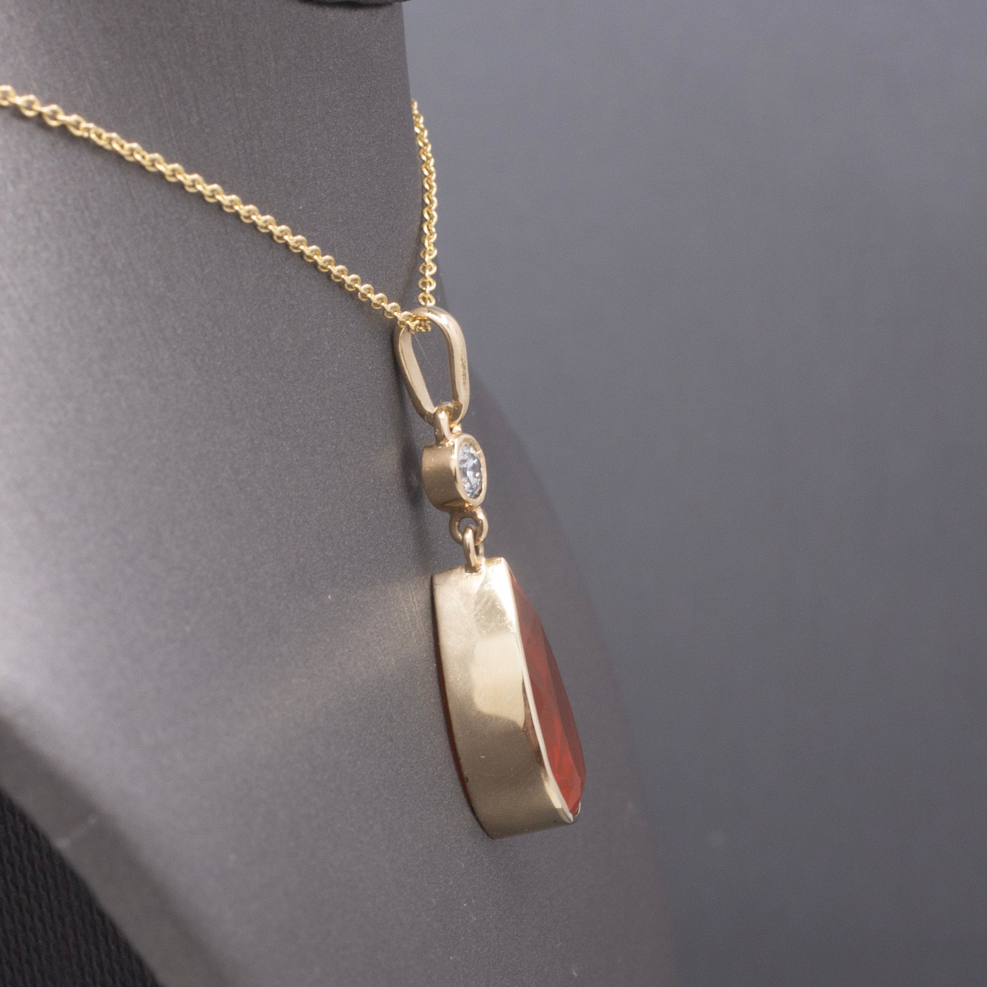 Gorgeous Glowing Mexican Fire Opal and Diamond Pendant Necklace in 14k Yellow Gold