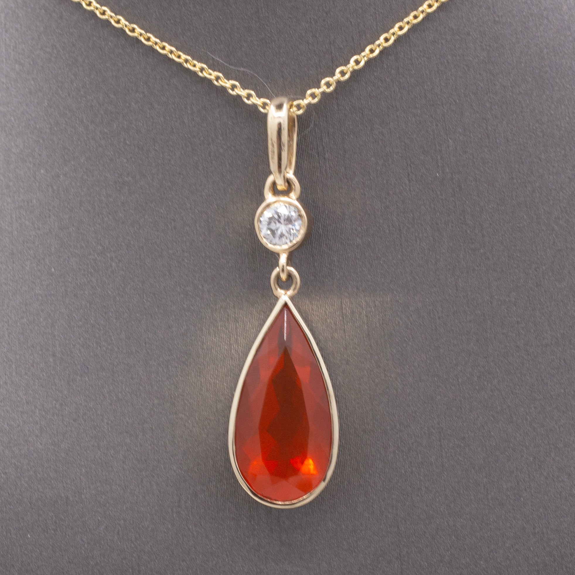 Gorgeous Glowing Mexican Fire Opal and Diamond Pendant Necklace in 14k Yellow Gold