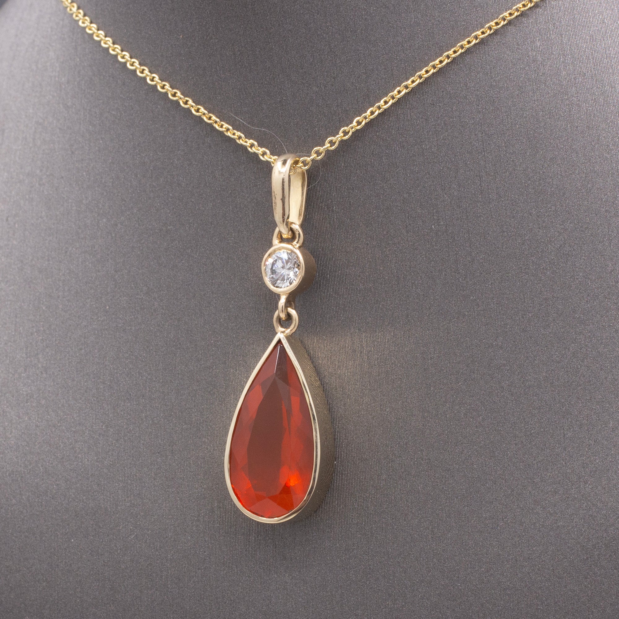 Gorgeous Glowing Mexican Fire Opal and Diamond Pendant Necklace in 14k Yellow Gold