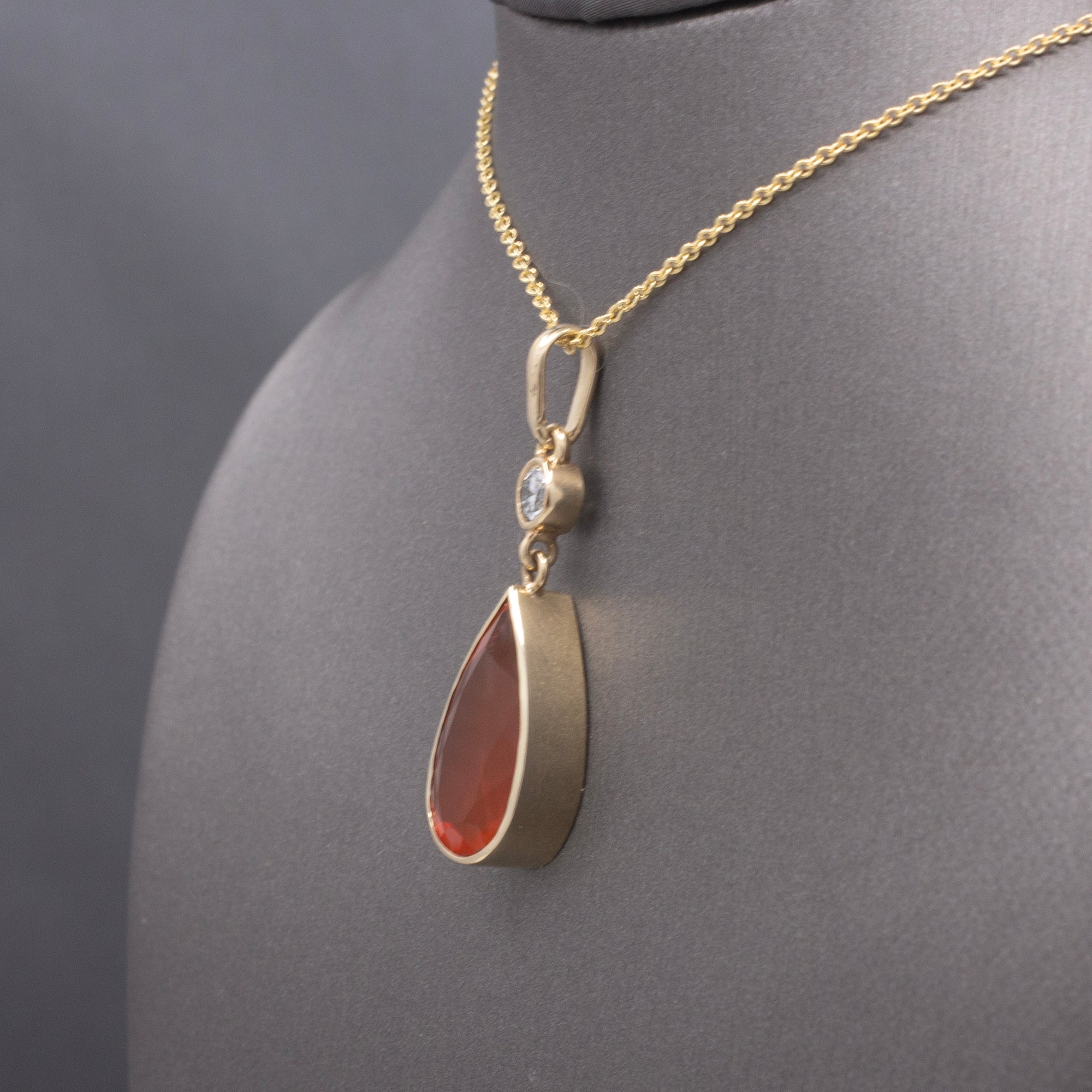 Gorgeous Glowing Mexican Fire Opal and Diamond Pendant Necklace in 14k Yellow Gold