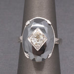 Vintage Faceted Hematite Ring with Old European Cut Diamond Center in 14k White Gold