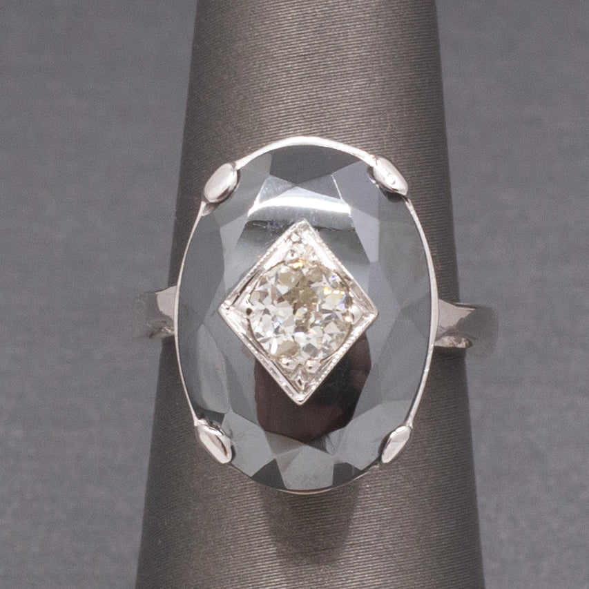 Vintage Faceted Hematite Ring with Old European Cut Diamond Center in 14k White Gold