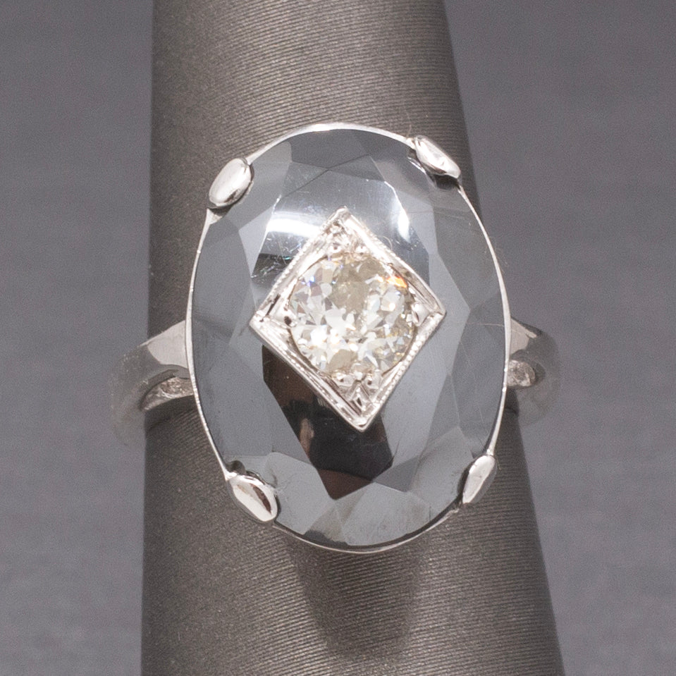 Vintage Faceted Hematite Ring with Old European Cut Diamond Center in 14k White Gold