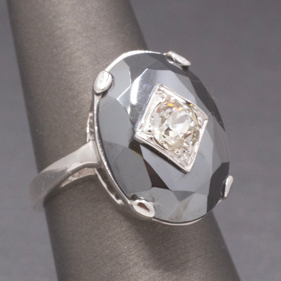 Vintage Faceted Hematite Ring with Old European Cut Diamond Center in 14k White Gold
