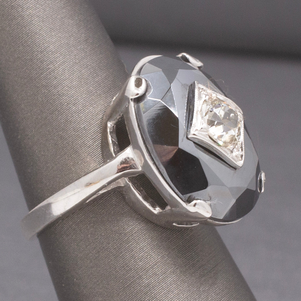 Vintage Faceted Hematite Ring with Old European Cut Diamond Center in 14k White Gold