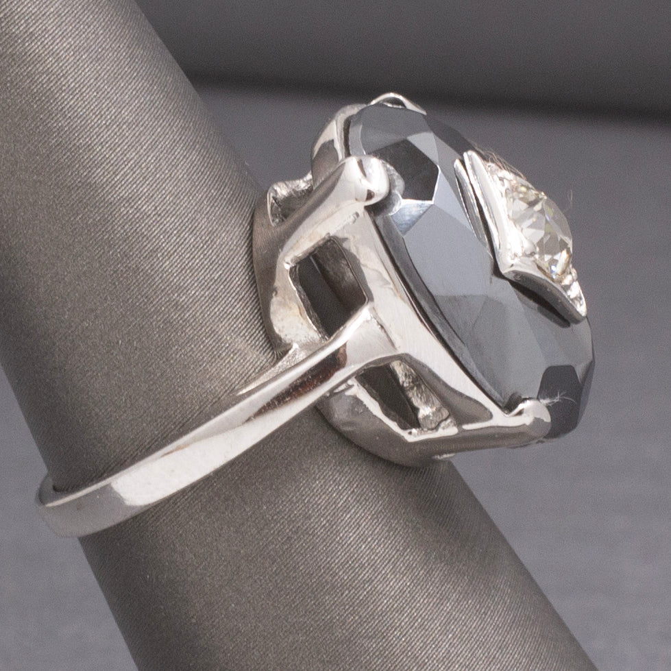 Vintage Faceted Hematite Ring with Old European Cut Diamond Center in 14k White Gold