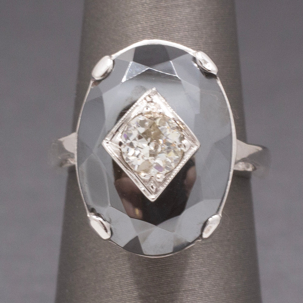 Vintage Faceted Hematite Ring with Old European Cut Diamond Center in 14k White Gold