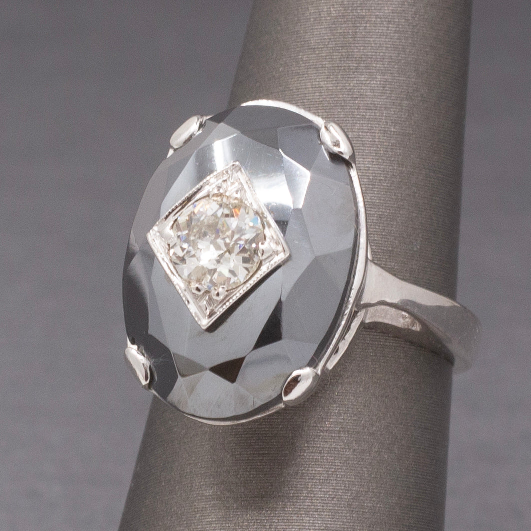 Vintage Faceted Hematite Ring with Old European Cut Diamond Center in 14k White Gold