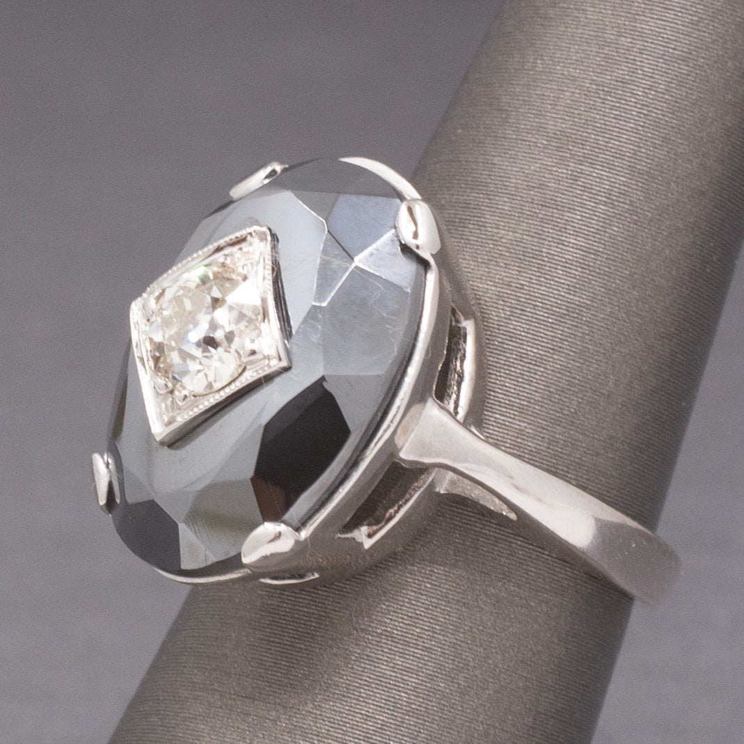 Vintage Faceted Hematite Ring with Old European Cut Diamond Center in 14k White Gold