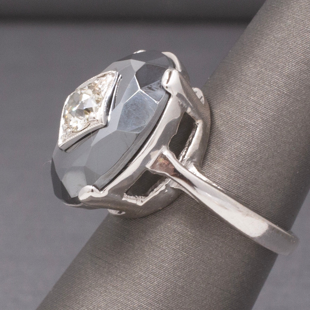 Vintage Faceted Hematite Ring with Old European Cut Diamond Center in 14k White Gold