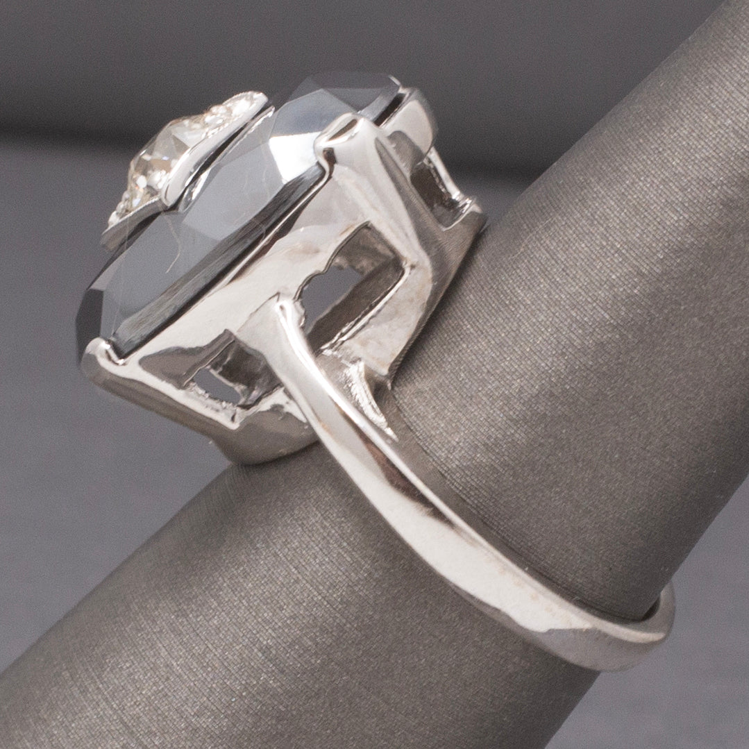 Vintage Faceted Hematite Ring with Old European Cut Diamond Center in 14k White Gold