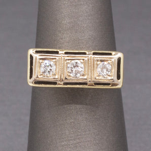 Art Deco Three Stone Old European Cut Diamond Pierced Ring in 14k Yellow Gold