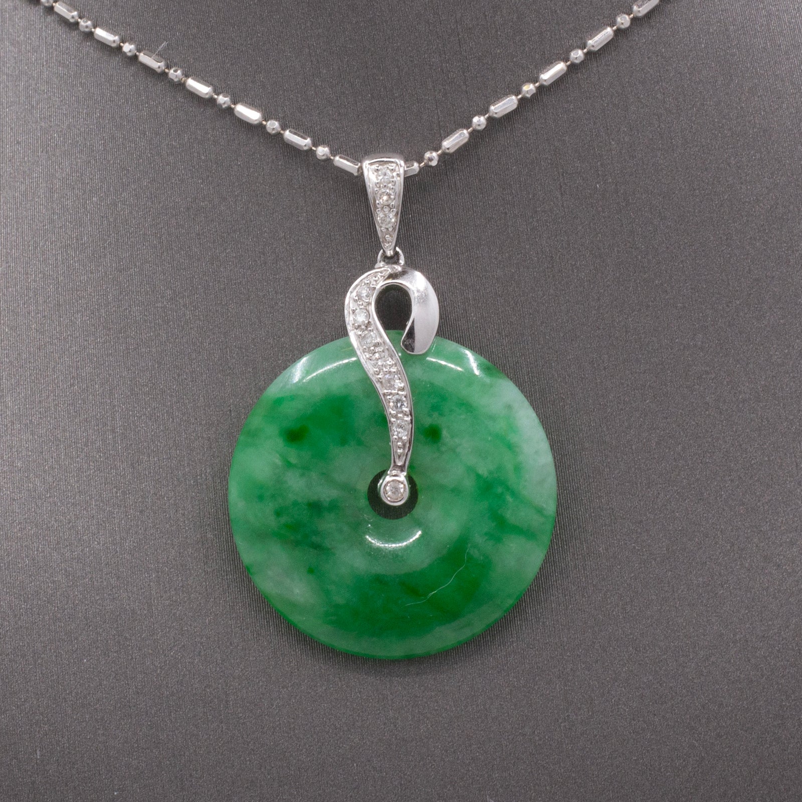 Vintage Deep Green Jadeite Jade Disc with Diamonds Necklace in 18k White Gold