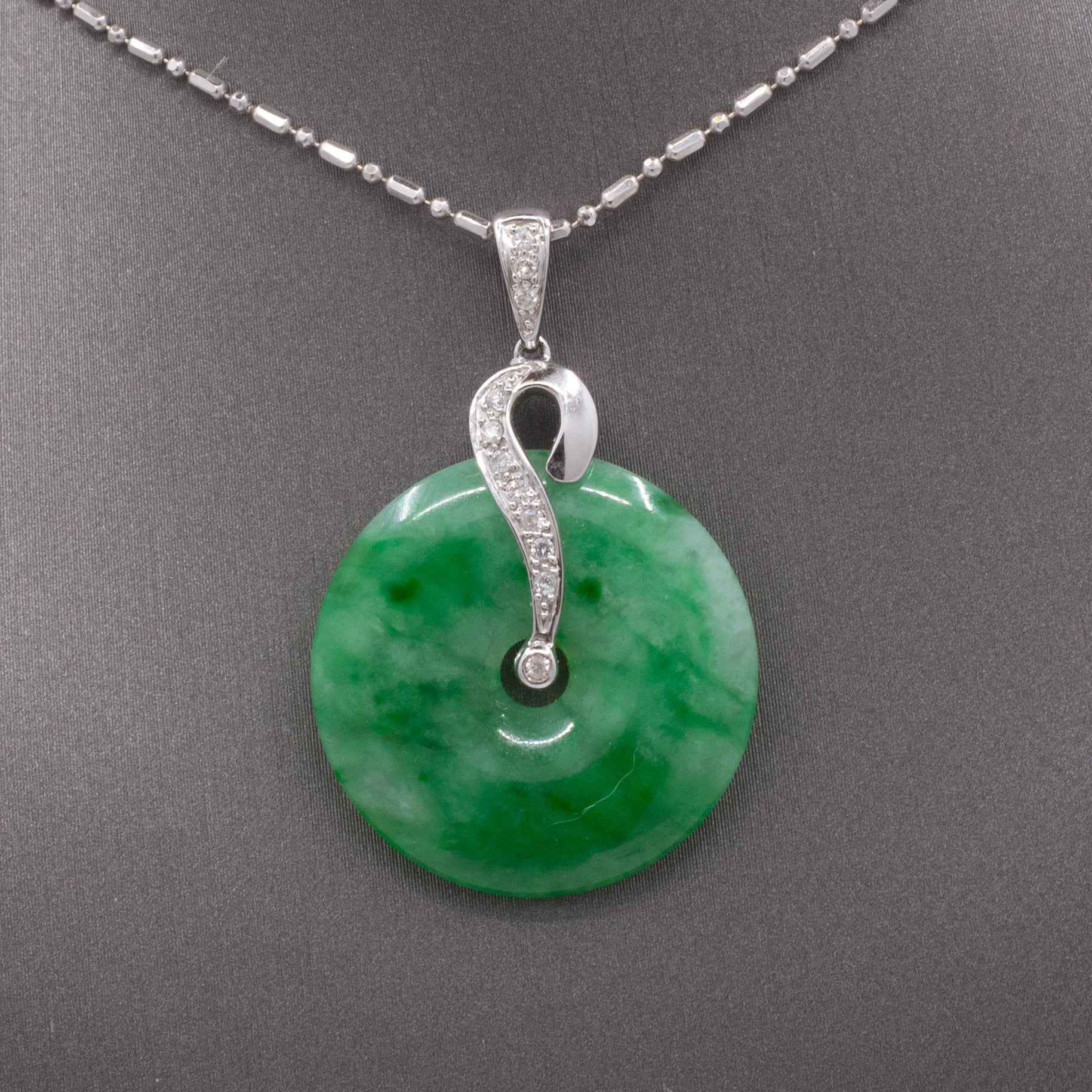 Vintage Deep Green Jadeite Jade Disc with Diamonds Necklace in 18k White Gold