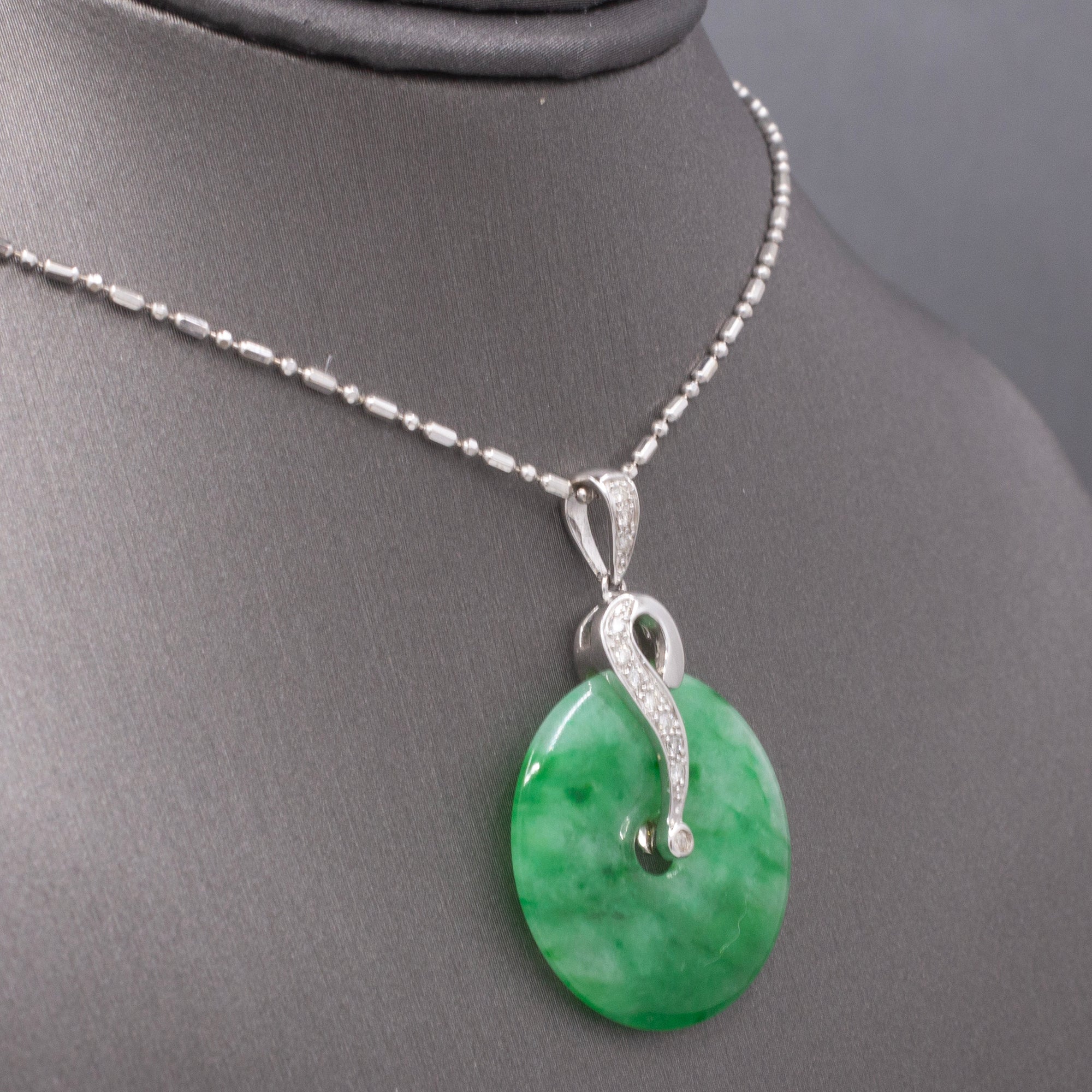Vintage Deep Green Jadeite Jade Disc with Diamonds Necklace in 18k White Gold