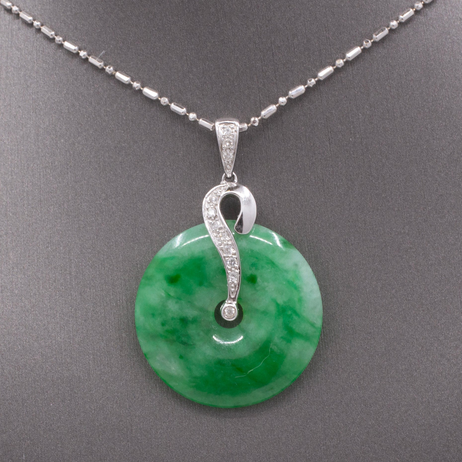 Vintage Deep Green Jadeite Jade Disc with Diamonds Necklace in 18k White Gold