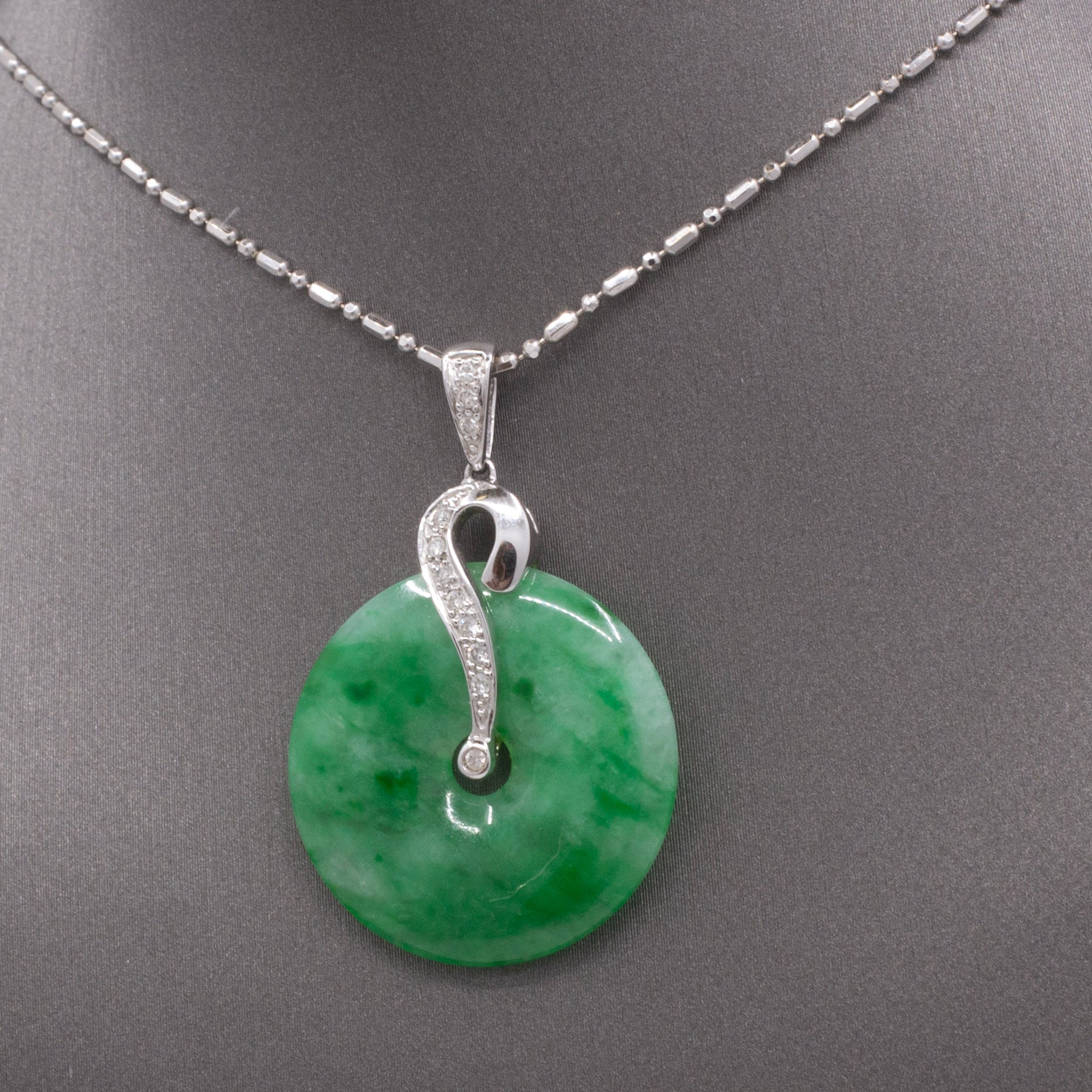 Vintage Deep Green Jadeite Jade Disc with Diamonds Necklace in 18k White Gold